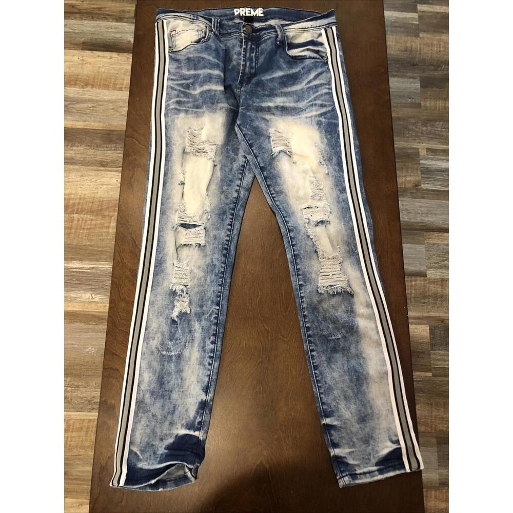 preme jeans Mens 34x32 Blue Slim Straight Distressed Diamond P13